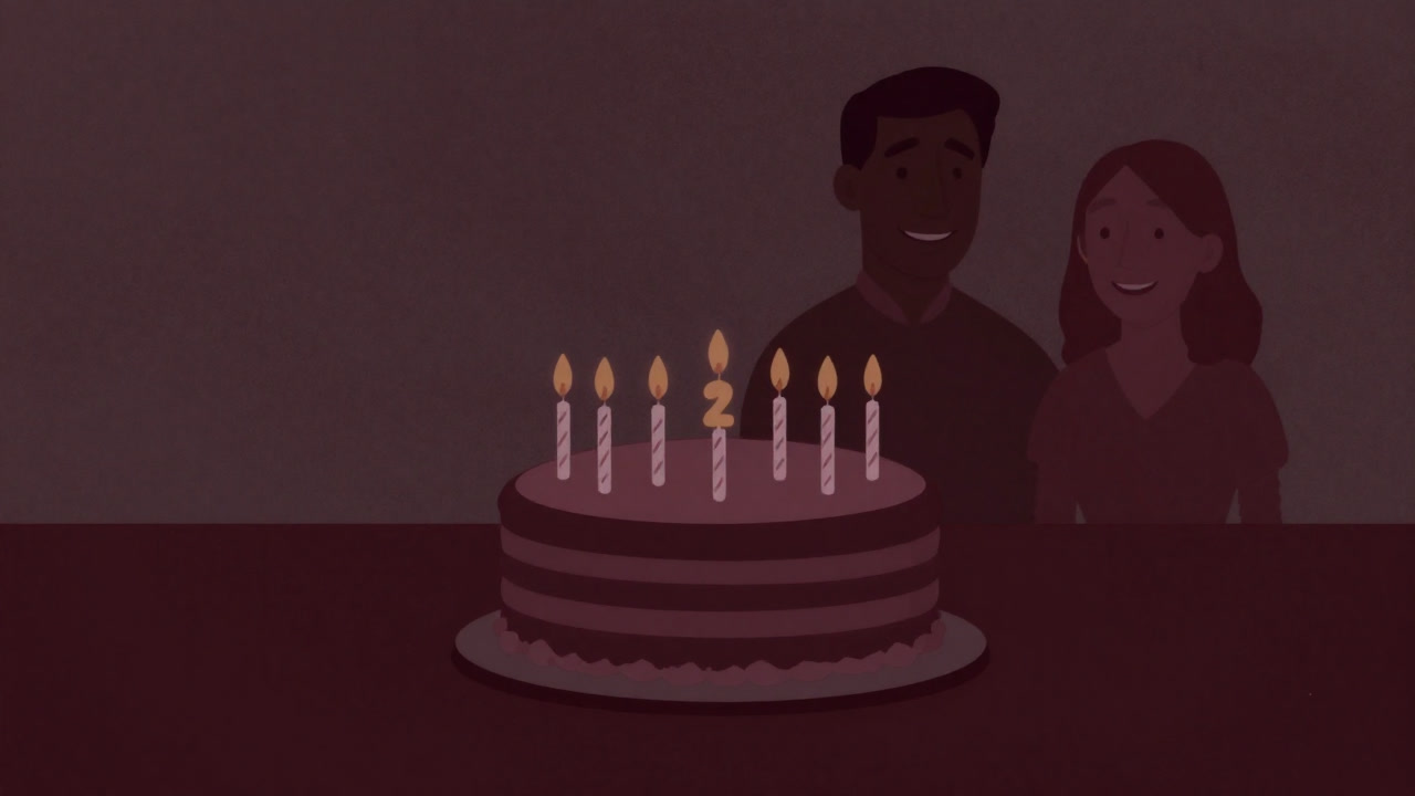 テーブルの上にケーキと数字のローソクで飾られた記念日風景。背景には曖昧な笑顔のカップル。