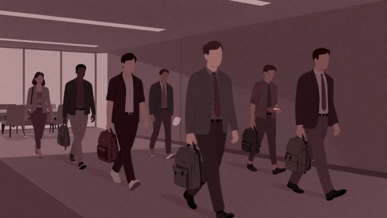 Silhouettes of employees carrying backpacks and lunch boxes walking through a conference room