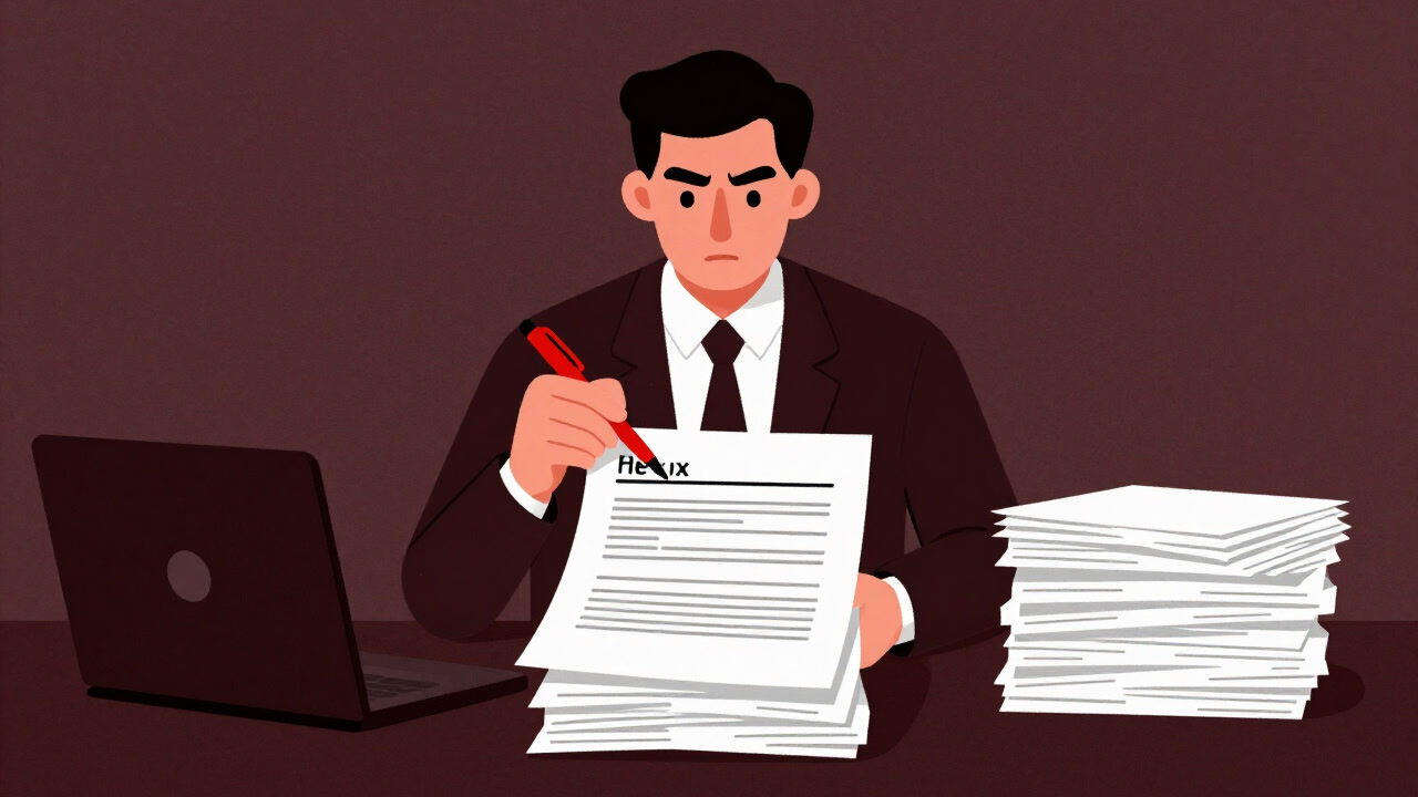Illustration of a manager holding a red pen over a stack of documents, casting a cold gaze at an evaluation sheet