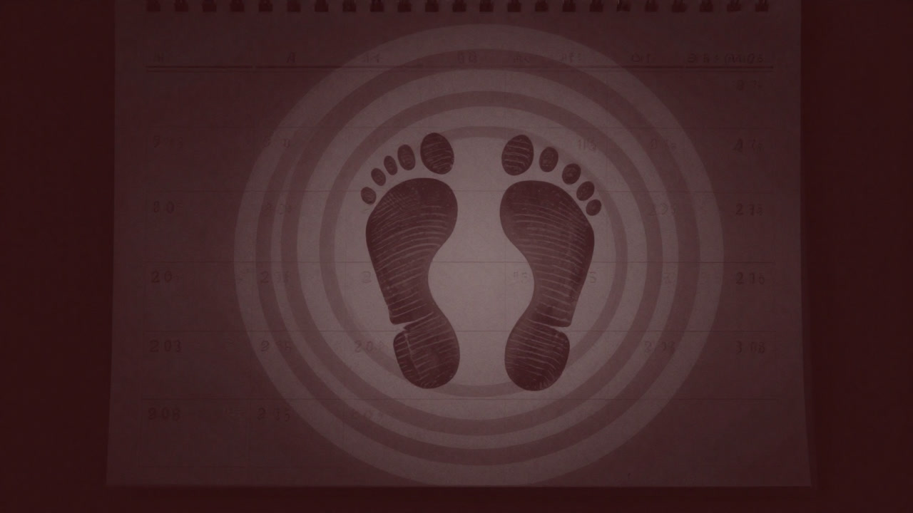 色あせたカレンダーの上に、年輪のように重なる足跡が描かれたイラスト