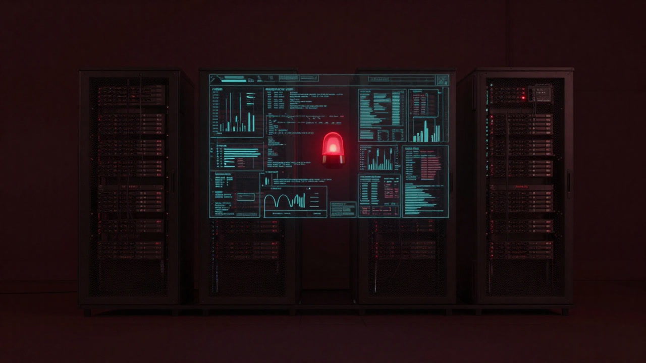 A server room buried under countless logs and graphs, with only a red alert light shining vividly