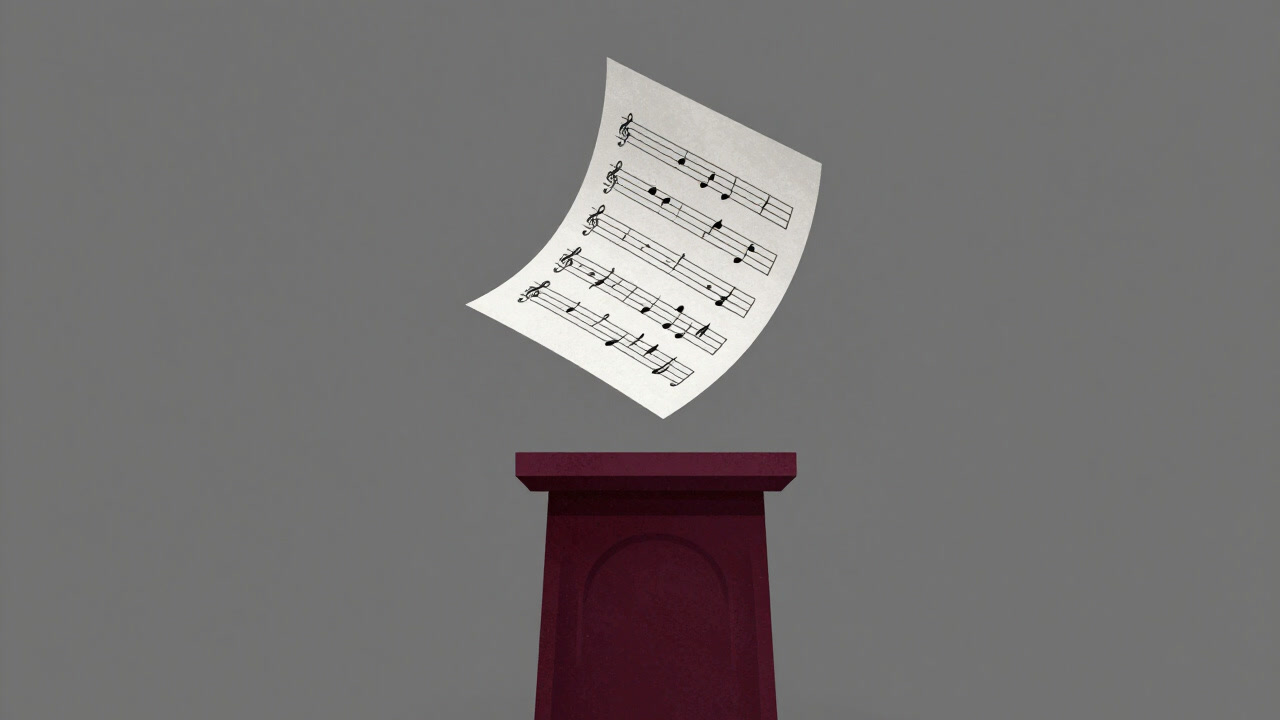 Sheet music of an anthem flowing majestically before a podium, set against a gray background