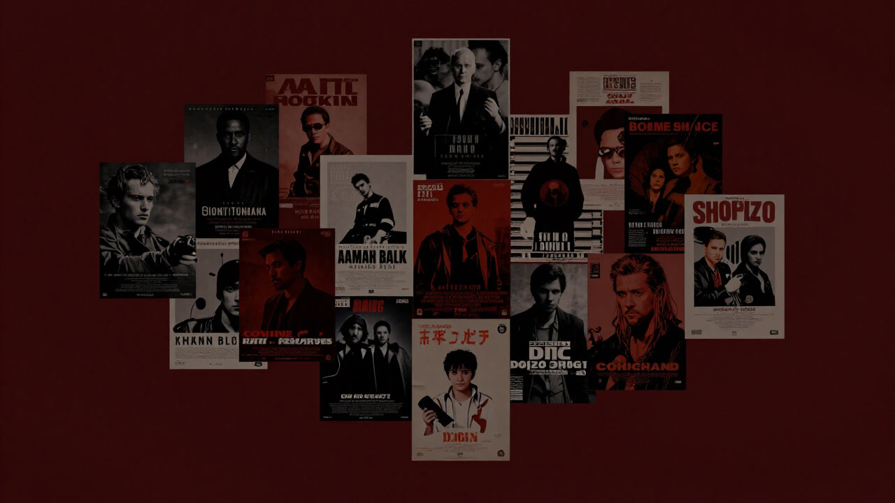 映画や音楽、漫画など多様なコンテンツがごちゃ混ぜになったフライヤーが壁に貼られた様子