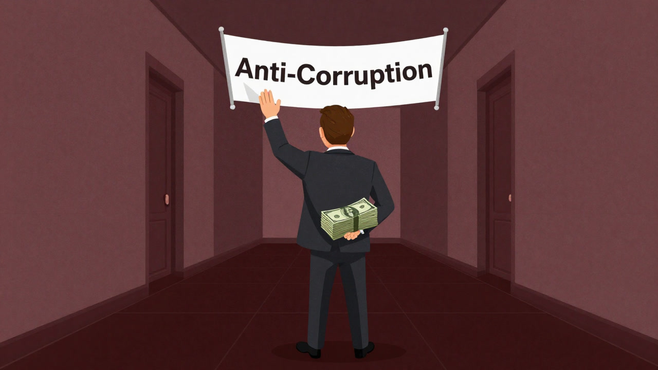 An illustration of a suited figure in a government corridor waving a banner labeled 'Anti-Corruption' while clutching a wad of cash behind their back.