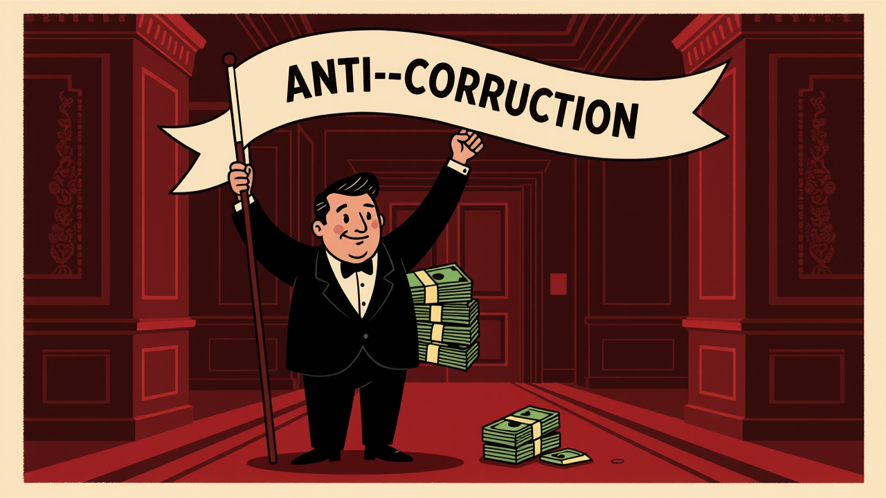 An illustration of a suited figure in a government corridor waving a banner labeled 'Anti-Corruption' while clutching a wad of cash behind their back.