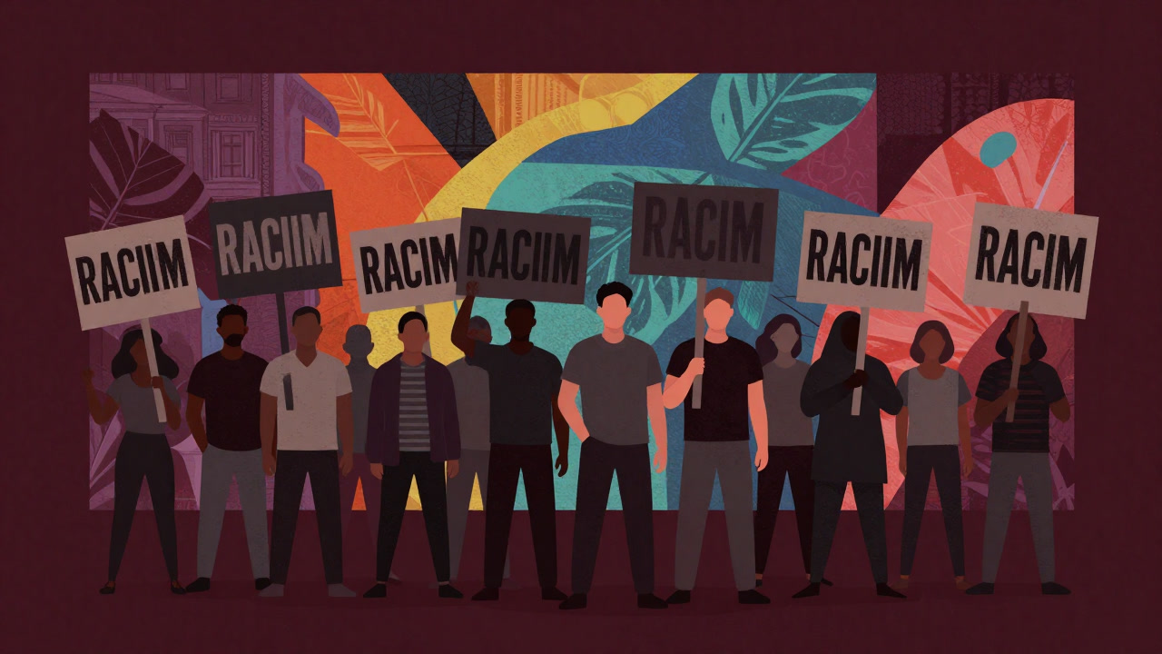 Illustration of a crowd holding protest placards standing quietly in front of a colorful background.