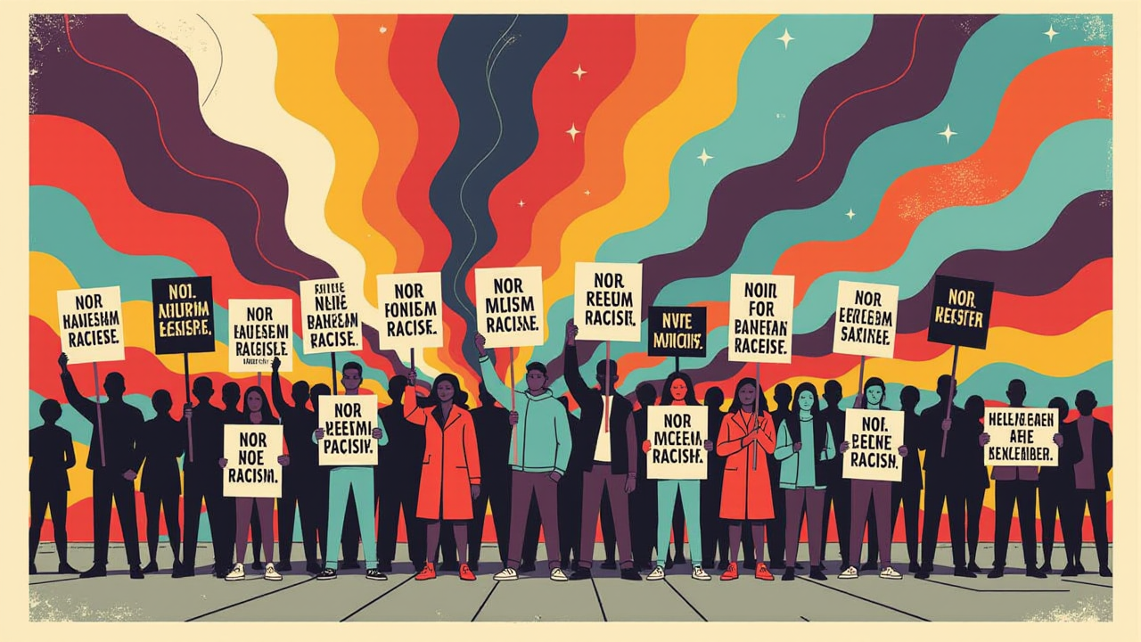Illustration of a crowd holding protest placards standing quietly in front of a colorful background.