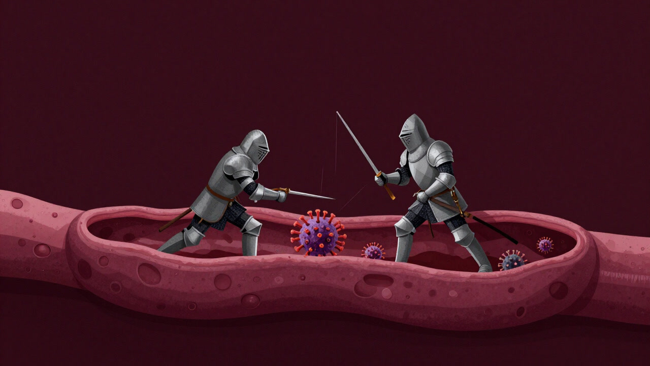 Illustration of anthropomorphic antibodies dressed as tiny knights slashing at viruses inside a body
