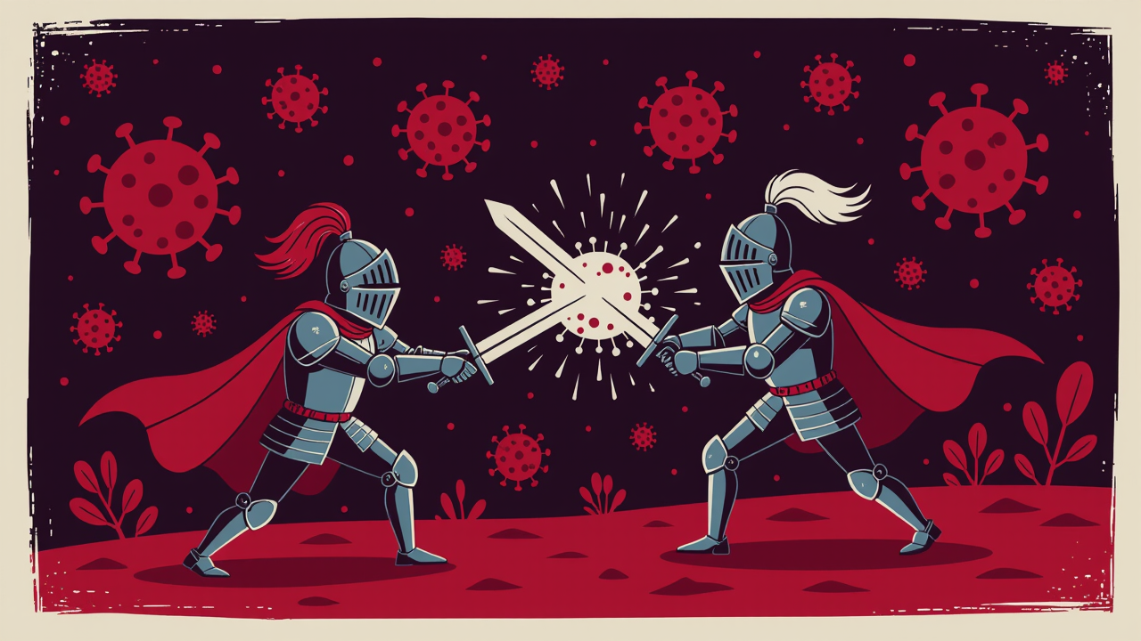 Illustration of anthropomorphic antibodies dressed as tiny knights slashing at viruses inside a body