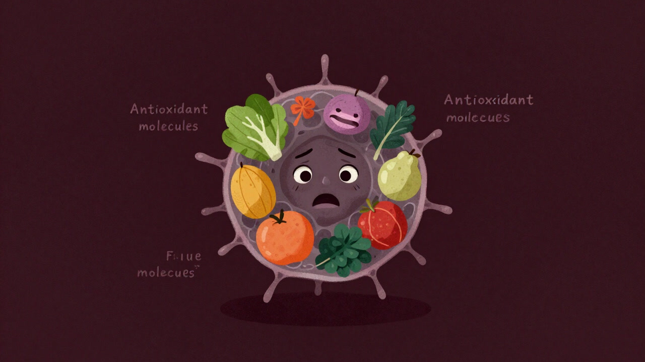 Illustration of an anxious cell wrapped in fruits and leafy vegetables