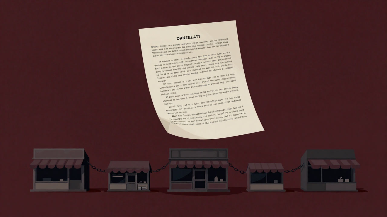 Illustration showing a market chained up in the background with an ominously floating page of legal text