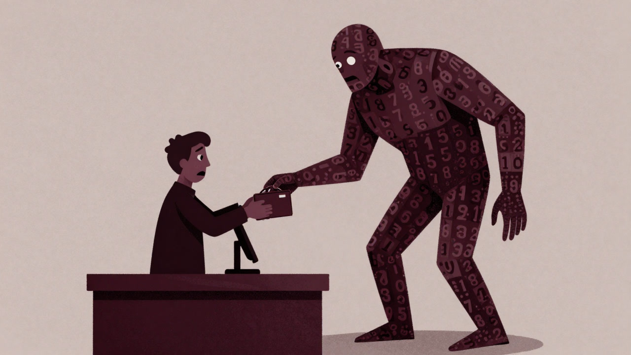 Illustration of a customer trembling as they hand over their wallet to the monster of average order value at a cash register.