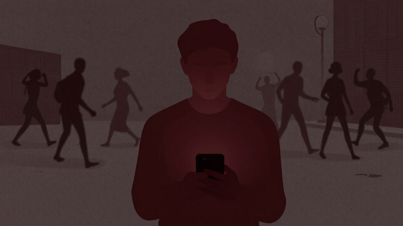 周囲で騒然とする世界を尻目に、スマートフォンの画面に見入る無関心な人物