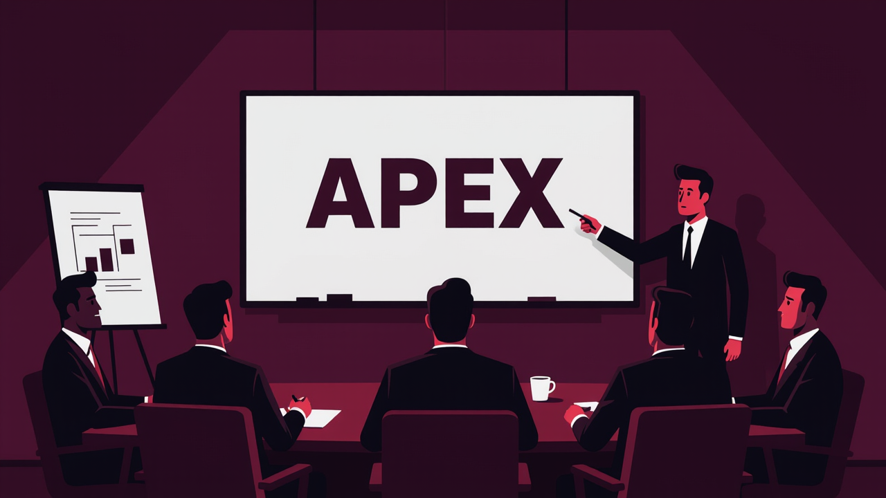 A corporate meeting room whiteboard plastered with 'Apex' in huge letters while participants stare blankly into space
