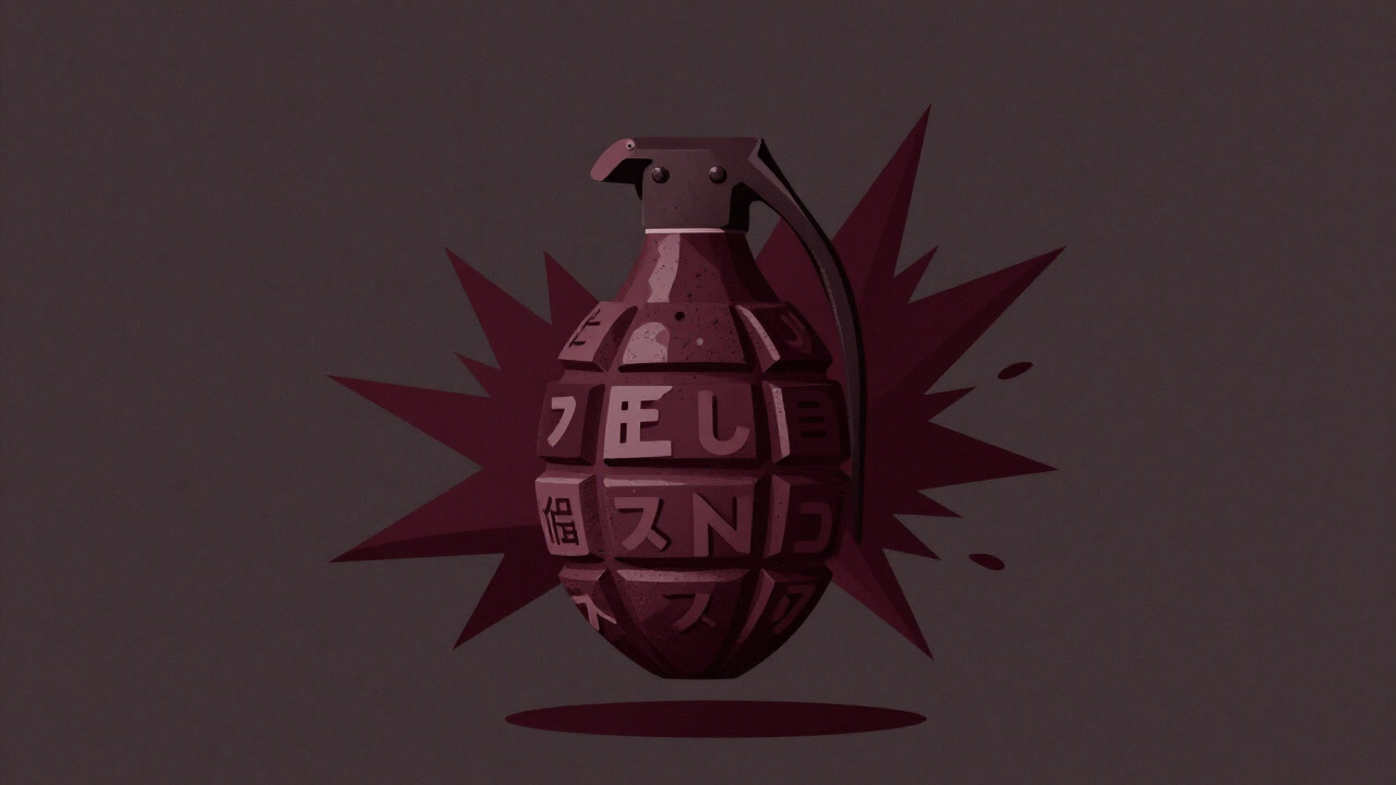 文字で形作られた手榴弾が爆発寸前の瞬間を捉えたイラスト