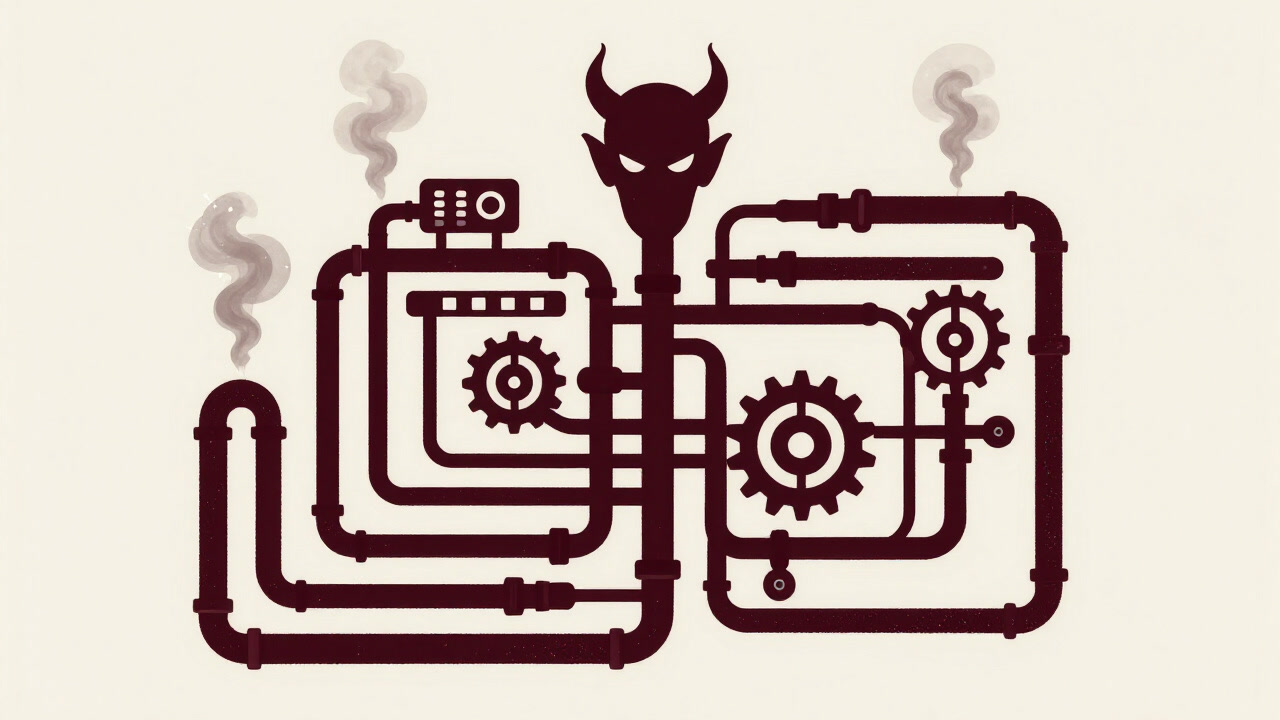 無数のパイプと歯車で複雑に絡み合い、煙を上げる見えないAPIエコシステムのイメージ