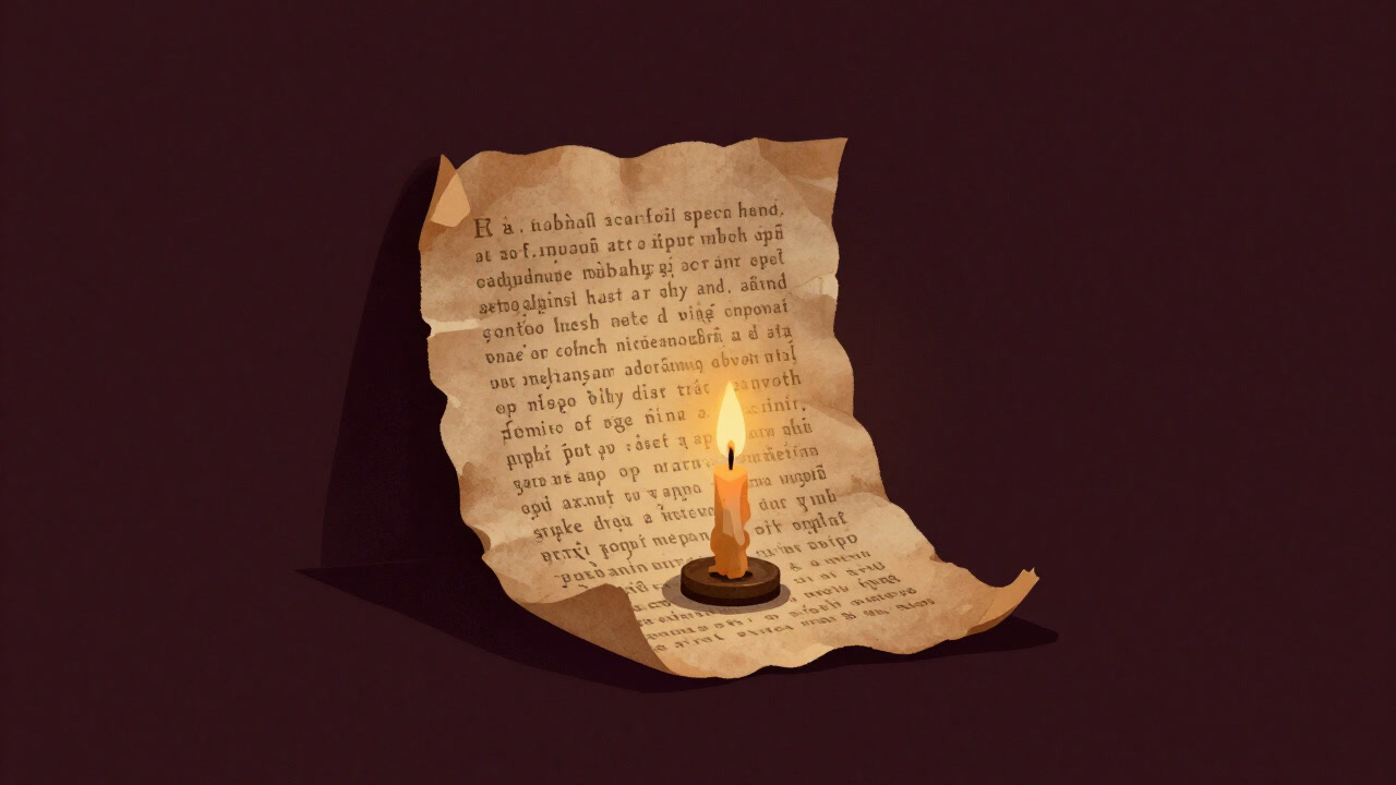 A fragment of ancient parchment illuminated by dark candlelight