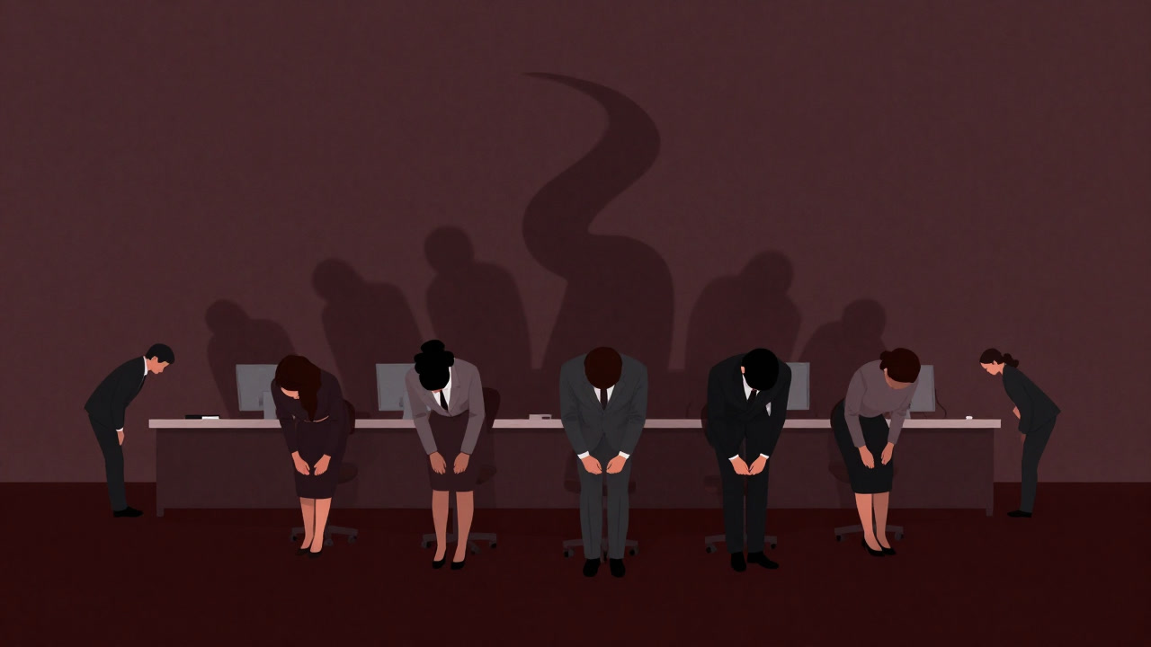 礼儀正しく頭を下げる人々の背後に、不信の影が蠢くイメージ