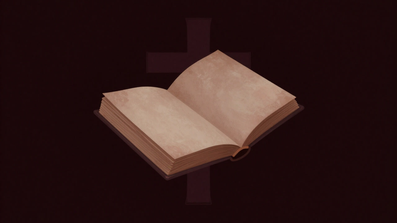 闇に浮かぶ白紙の書、背後に逆さの十字架がぼんやりと見えるアートワーク