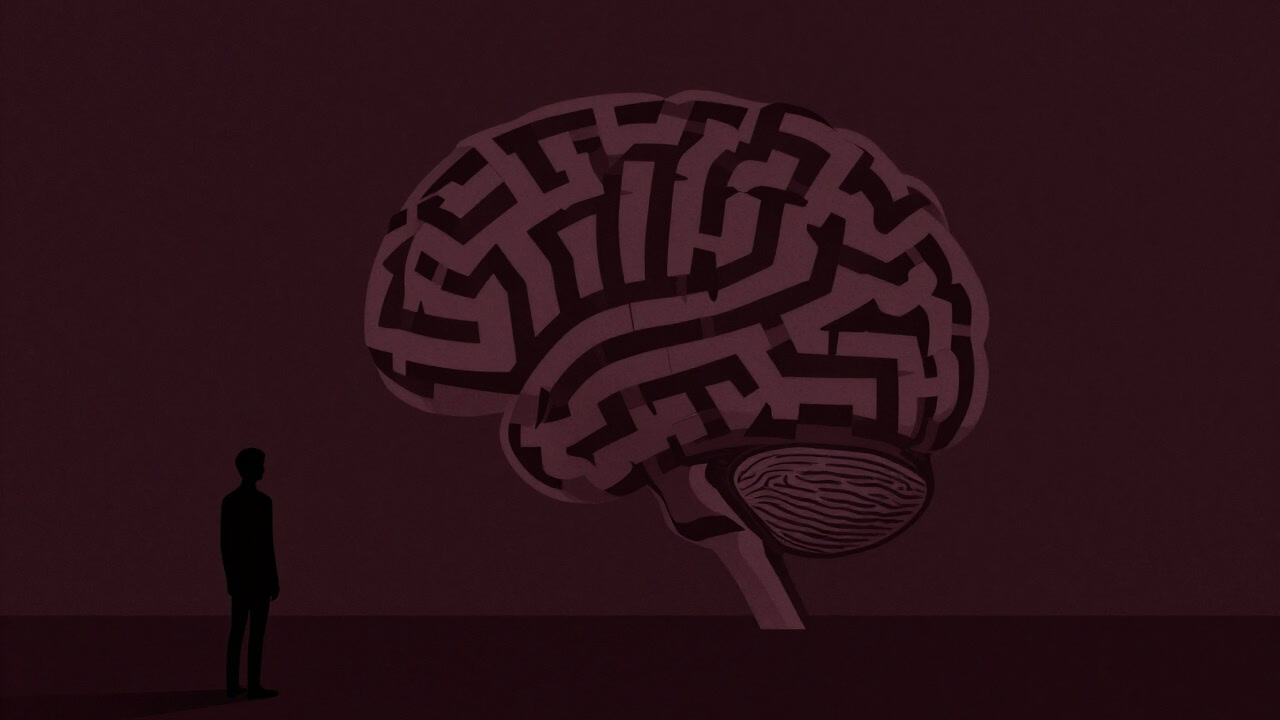 Silhouette of a person lost in a maze shaped like a human brain
