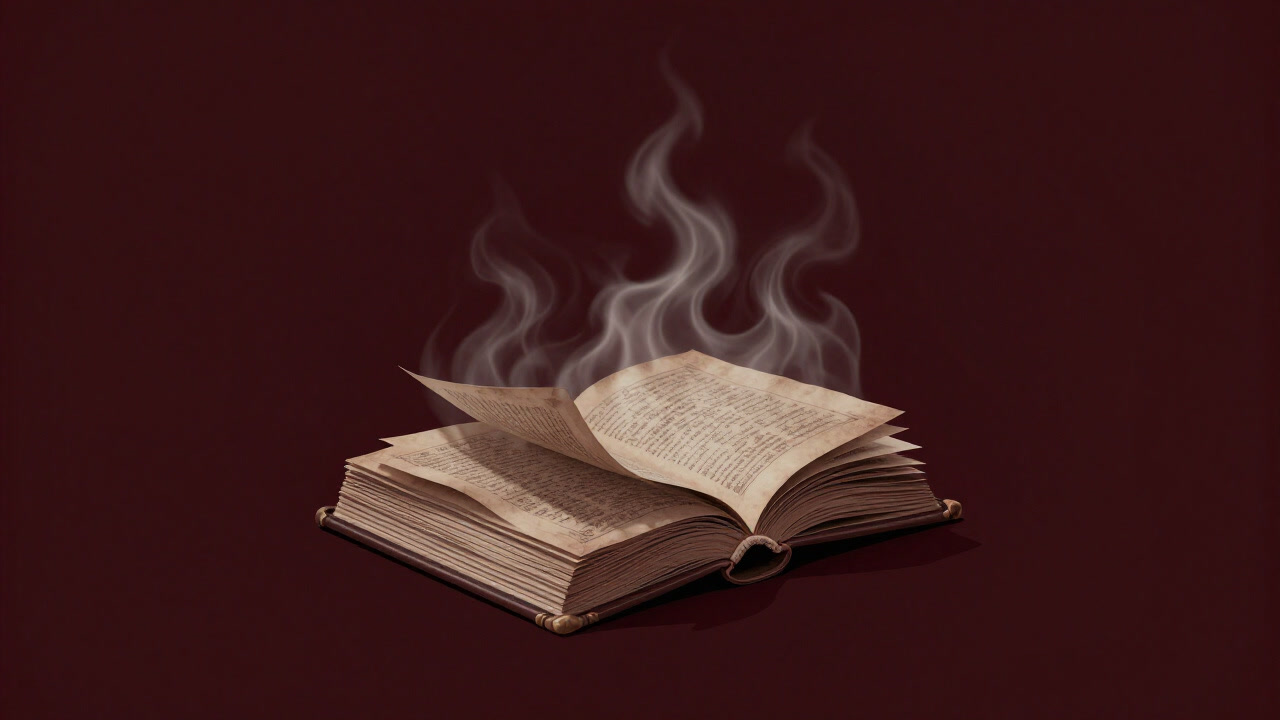 Image of an old scripture turning to ash in front of flickering flames of doubt