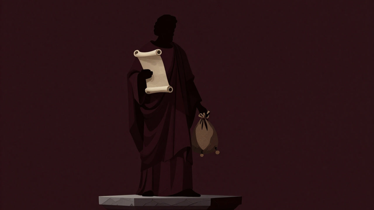 古代の衣装を身にまとい、巻物を掲げる使徒のシルエット