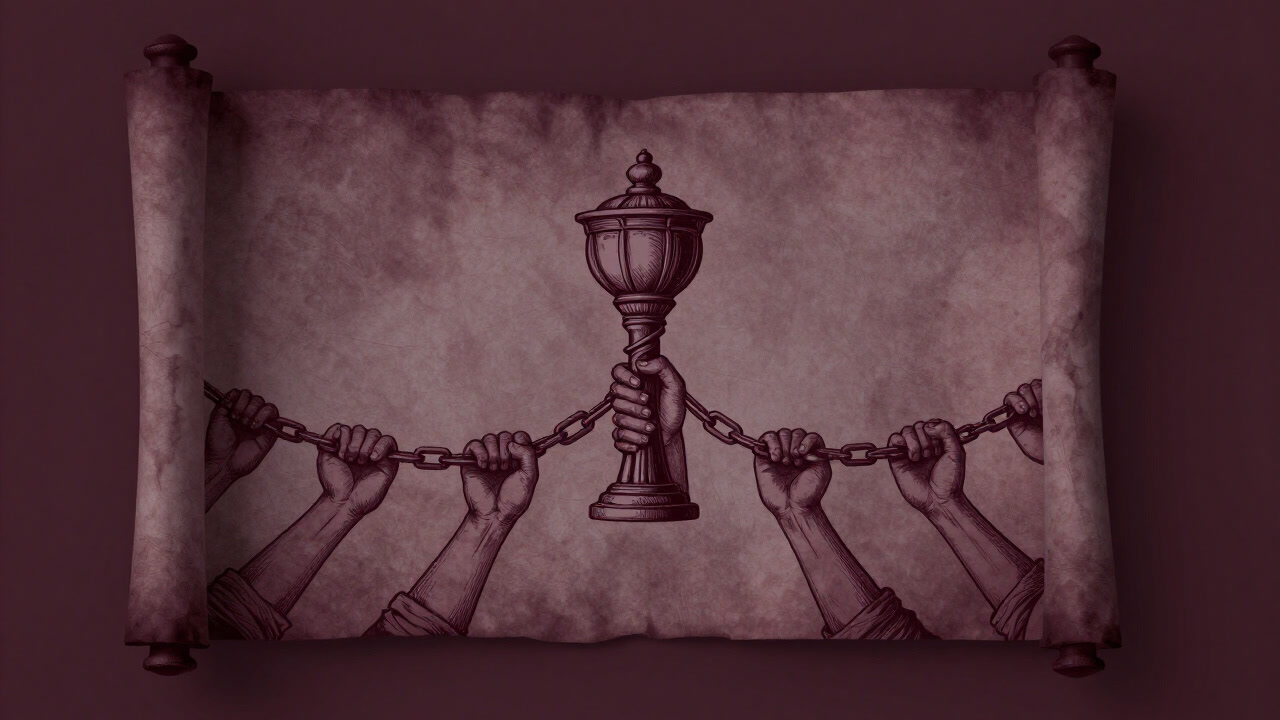 Illustration of a sequence of hands touching each other on an ancient scroll