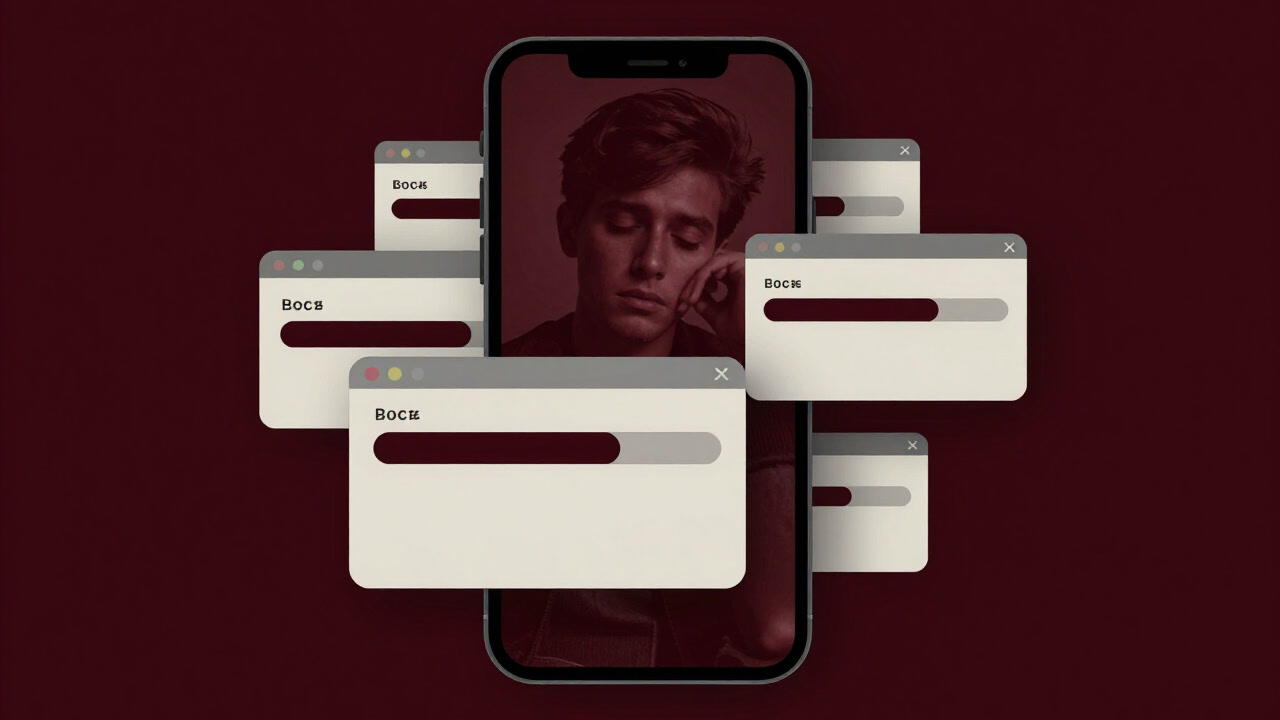 A smartphone screen covered with overlapping 'App Update' pop-ups reflecting a user's exhausted face