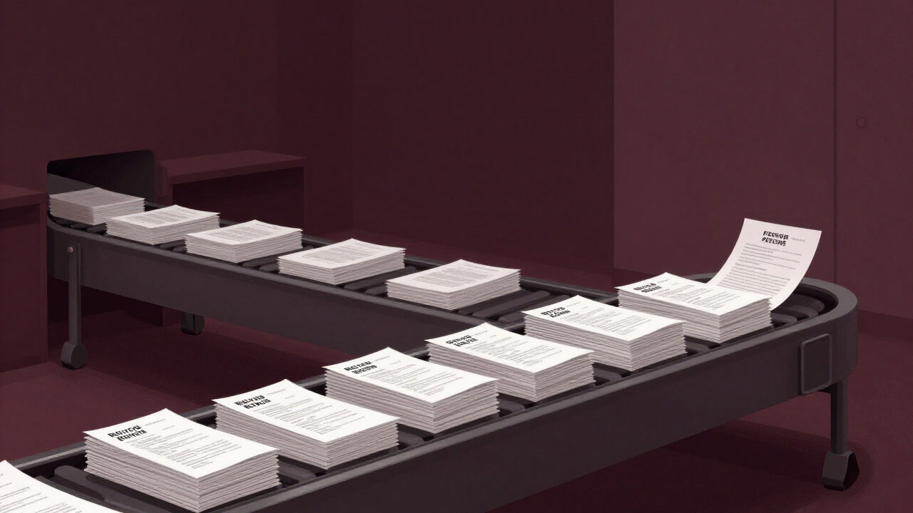 A conveyor belt with stacks of résumés flowing endlessly