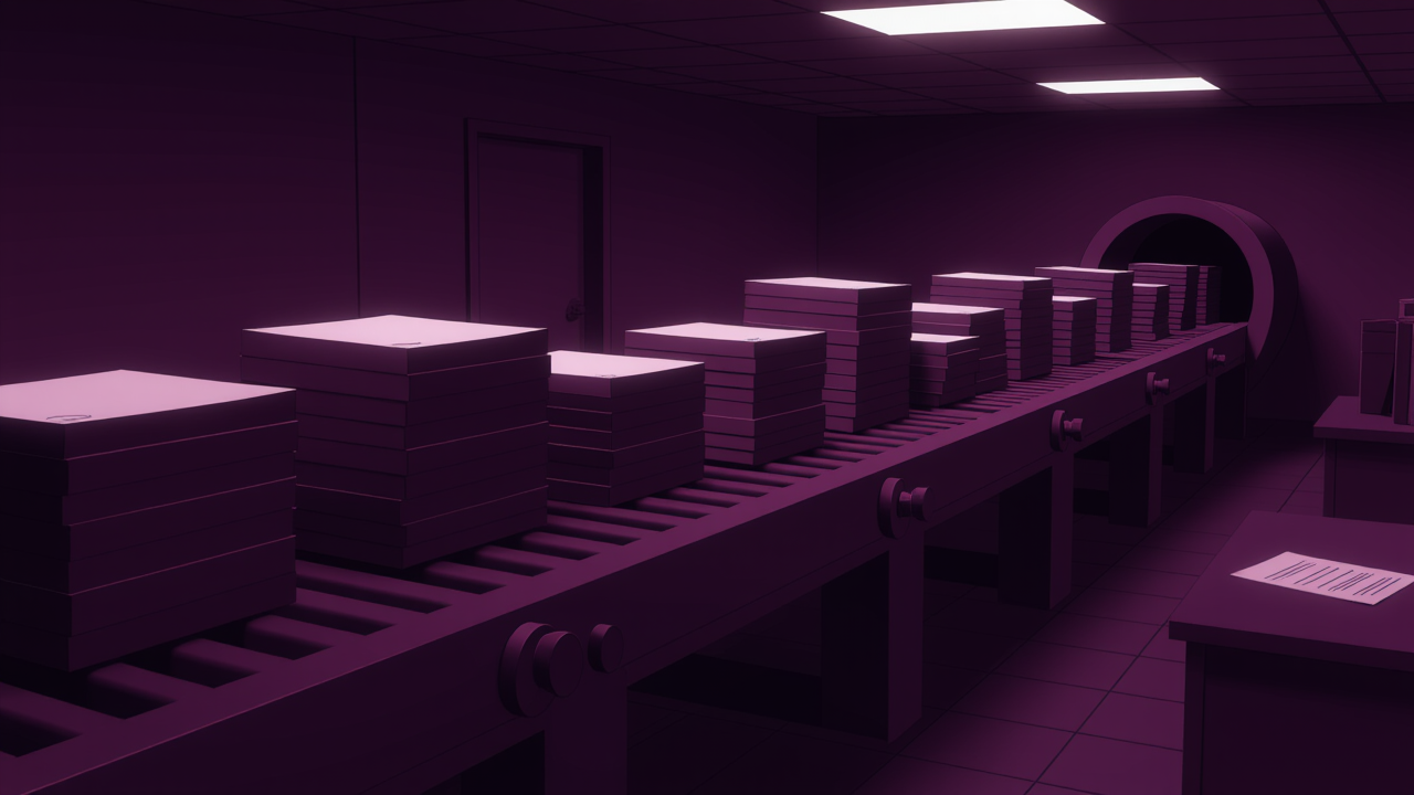 A conveyor belt with stacks of résumés flowing endlessly