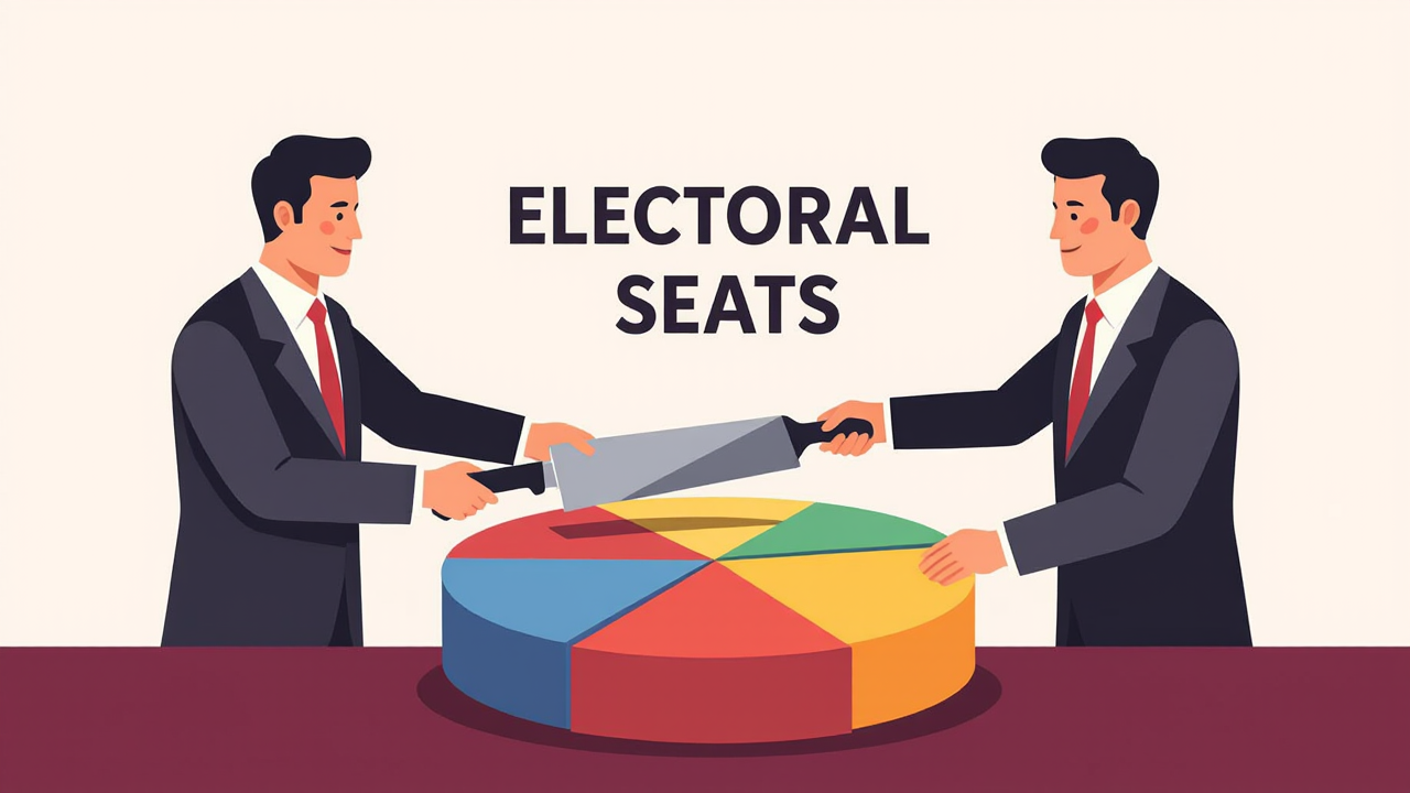 色とりどりの選挙区割が描かれた巨大なパイをナイフで切り分ける政治家たちのイラスト