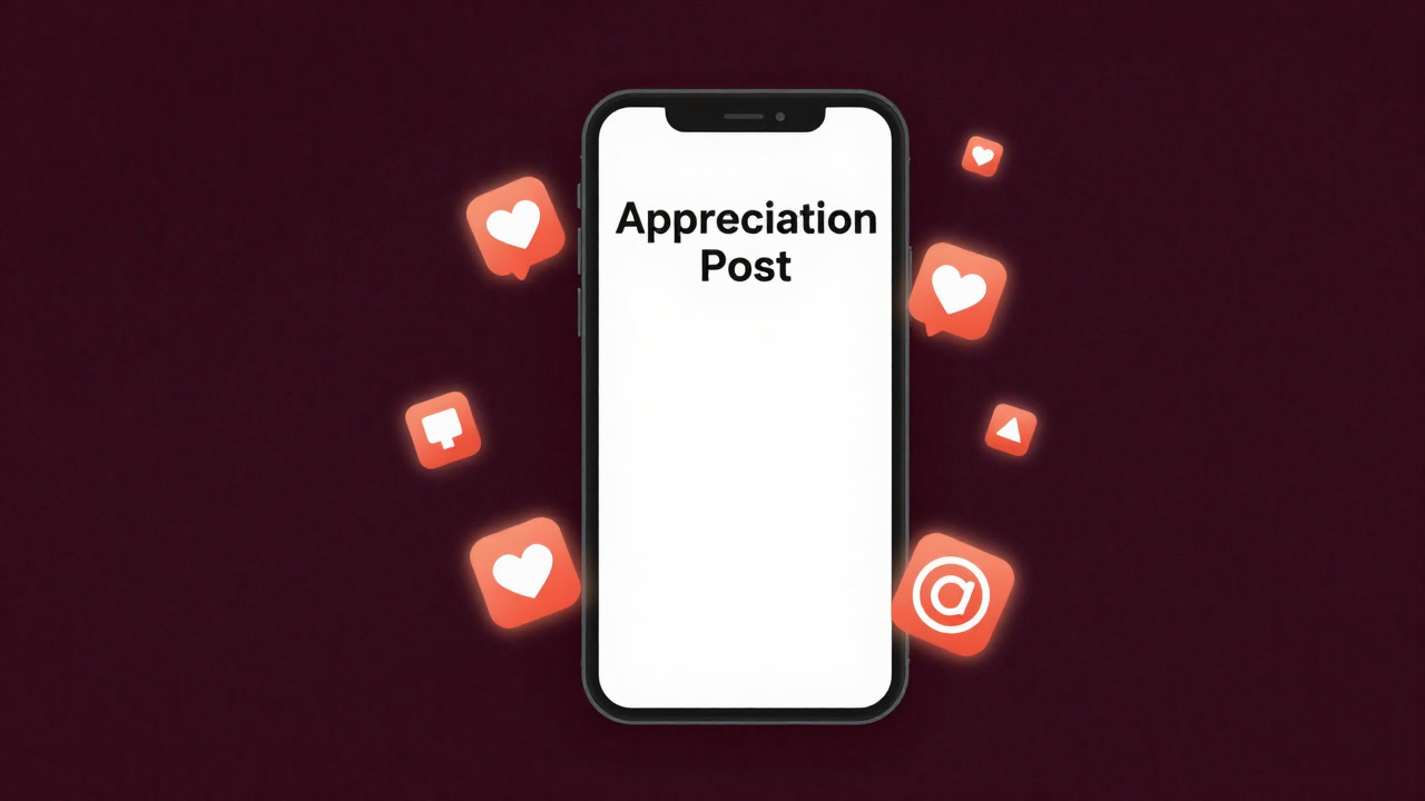 An illustration of a smartphone screen displaying 'Appreciation Post' surrounded by countless floating like icons that glow.