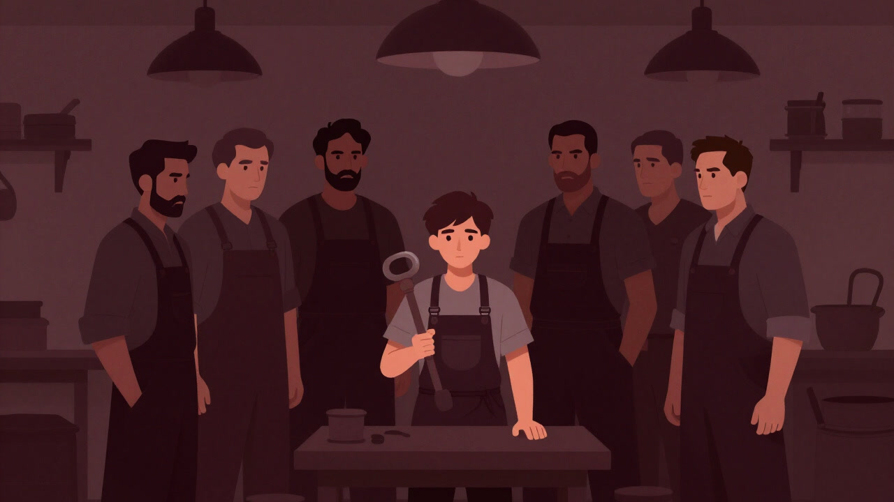 Illustration of a new apprentice artisan surrounded by stern seniors in an old workshop, reluctantly holding tools