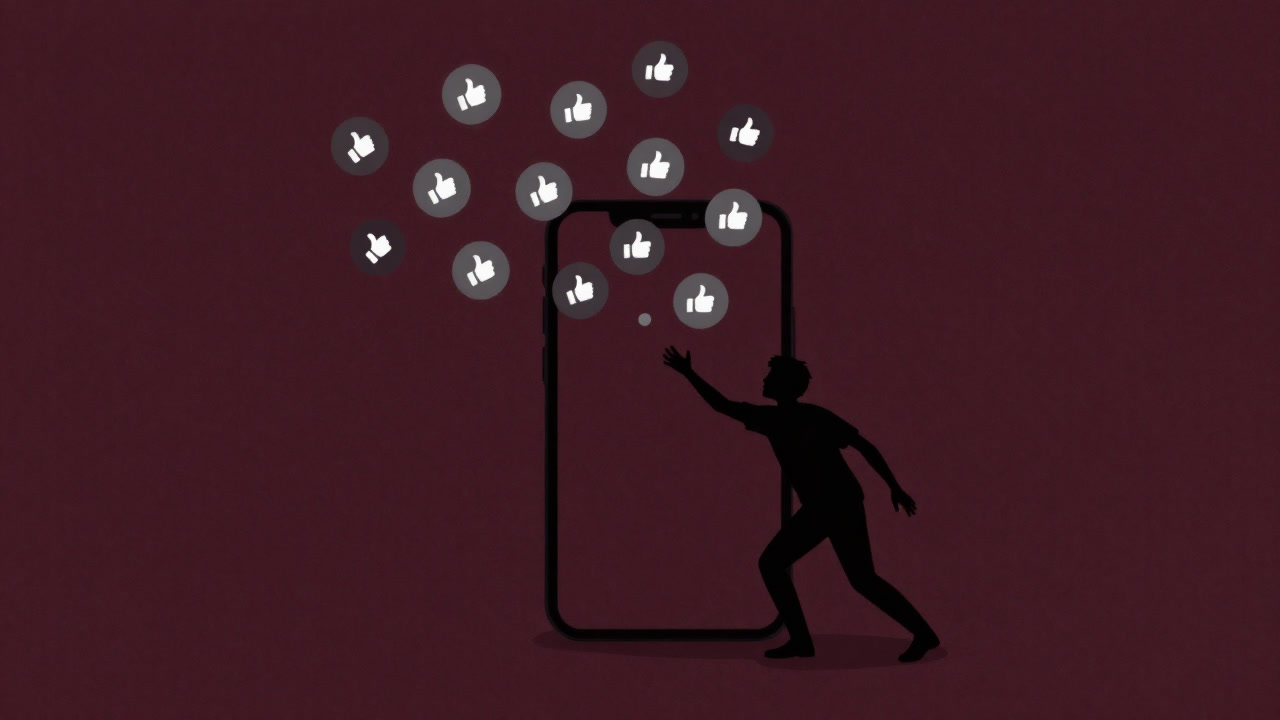 A silhouette of a person reaching desperately towards countless floating 'likes' on a smartphone screen