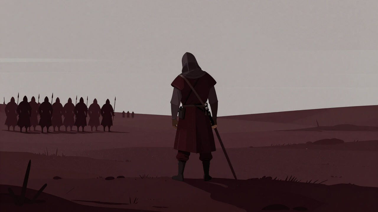 A weary rearguard soldier left behind on a dusk battlefield, watching distant silhouettes of comrades marching away