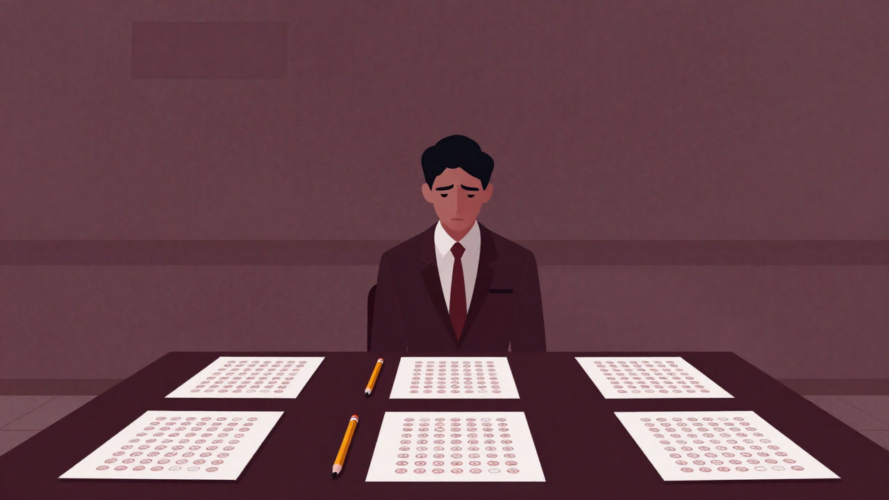 A sterile table with lined-up pencils and multiple-choice sheets next to a candidate in business attire.