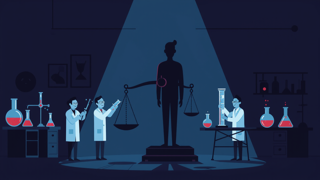 Illustration of a human silhouette weighing on a scale, anxiously measured like an experiment
