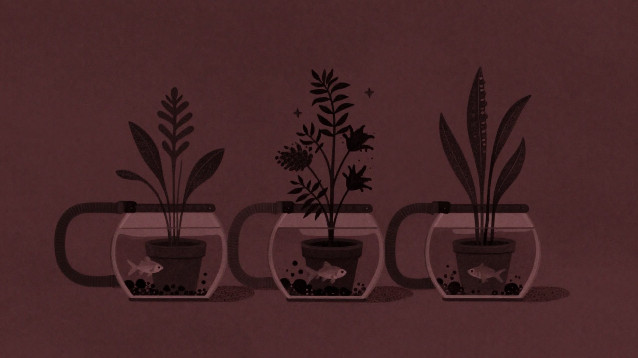 魚の水槽と植物のポットが不安定に並ぶ、緑と水の混沌を示すイラスト