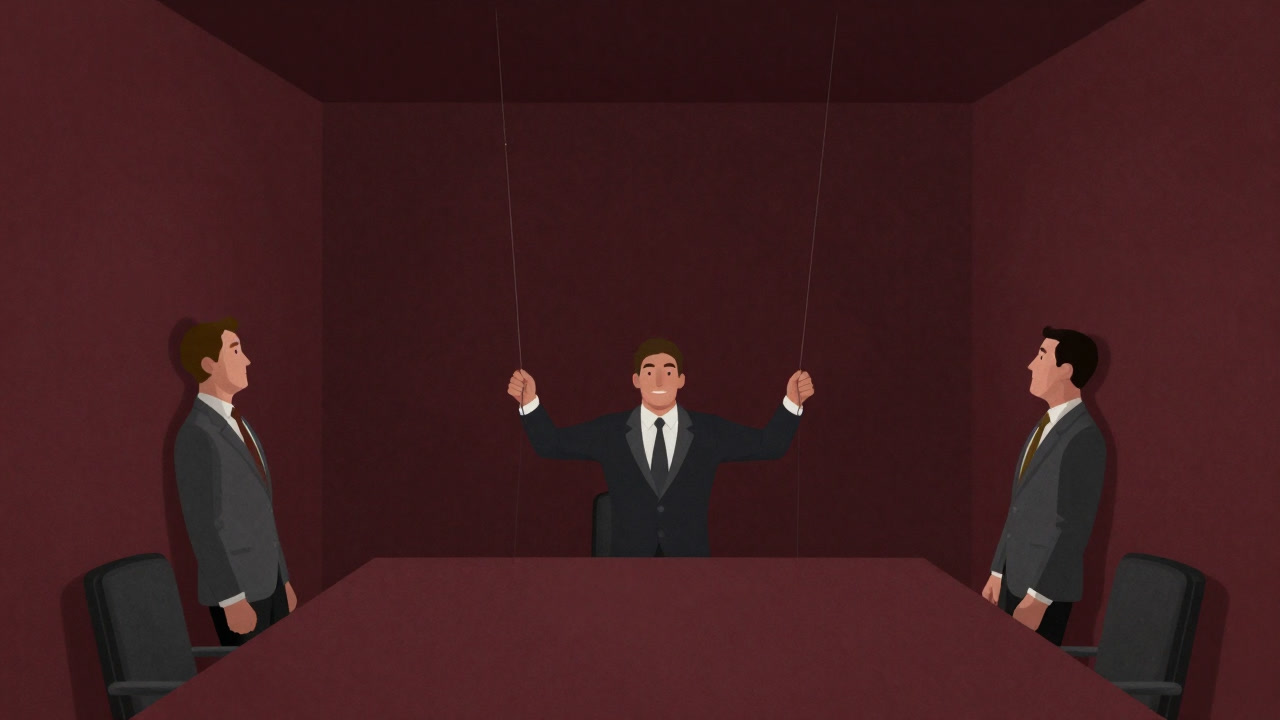 Illustration of two parties cramped in a small conference room jostling each other, with an arbitrator arrogantly manipulating their agreement