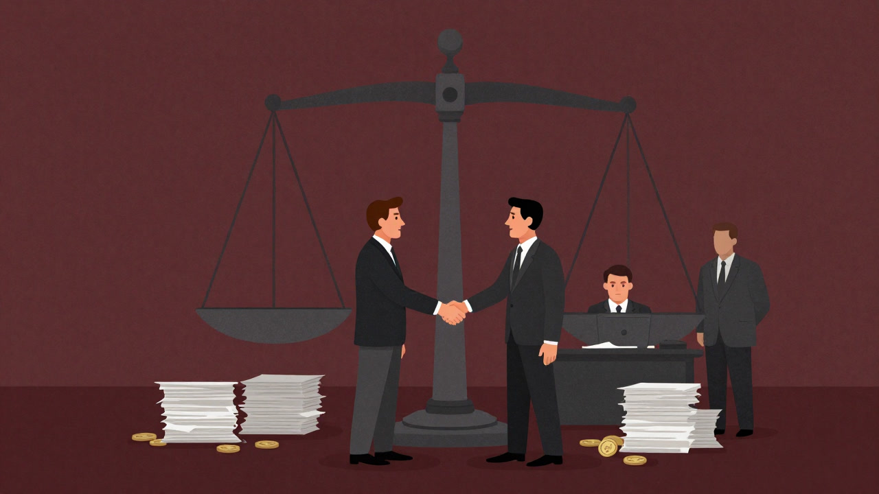 Illustration of two parties shaking hands under the gaze of scales before a solemn clerk