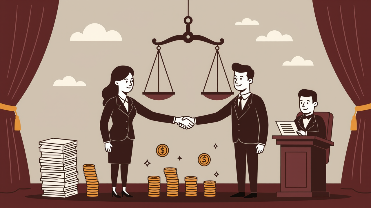 Illustration of two parties shaking hands under the gaze of scales before a solemn clerk