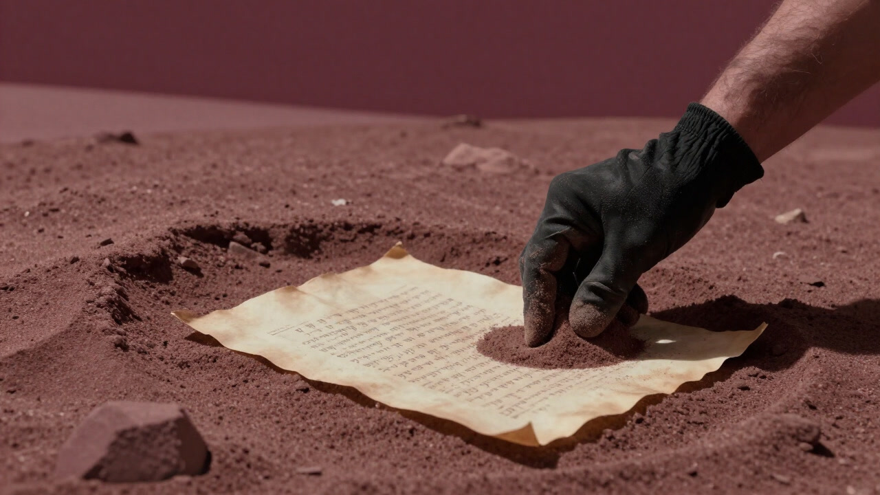 砂に埋もれた羊皮紙の断片が霞む中、そこから露出する文字列を眺める探求者の手元のクローズアップ