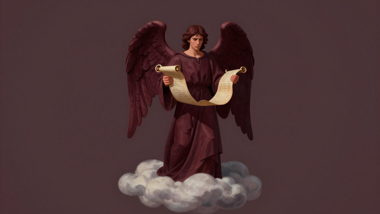 雲の上で巻物を抱え、眉をひそめる大天使のイラスト
