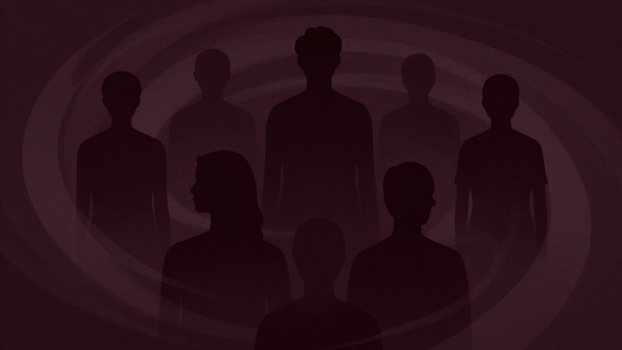 心の深淵から影絵のように浮かび上がる複数の人物シルエットが重なり合うイラスト