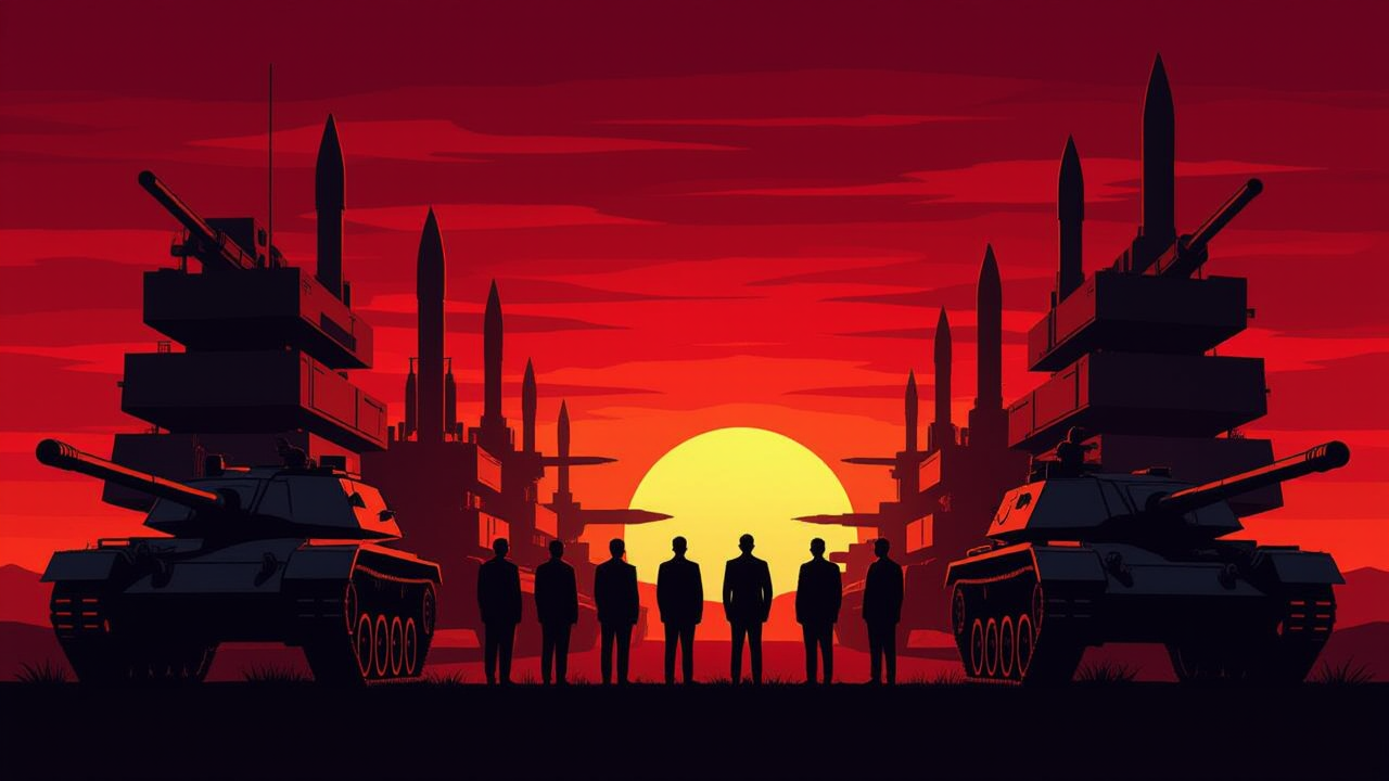 Silhouette of nations facing the horizon of towering stacks of weapons in a ritualistic formation.