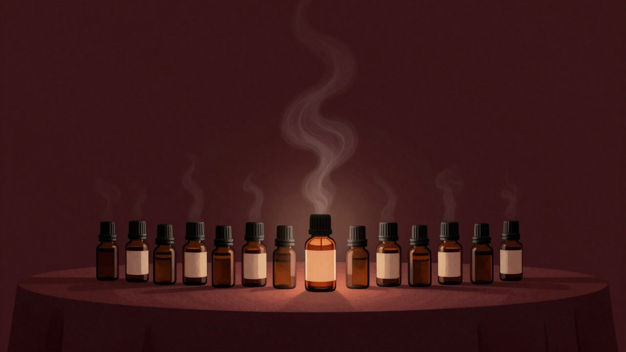 Illustration of a soft mist of fragrance hovering above small essential oil bottles arranged on a table under gentle light