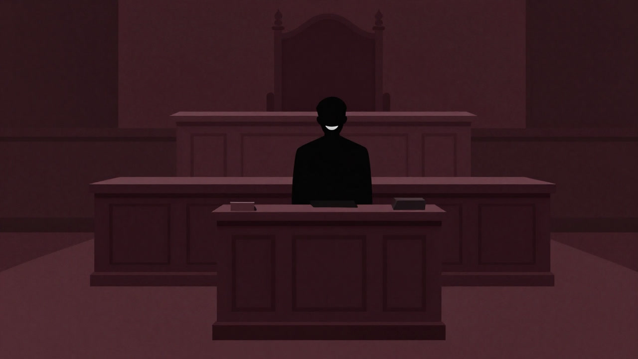 Silhouette of a figure standing at the defendant's stand in an old-fashioned courtroom smiling