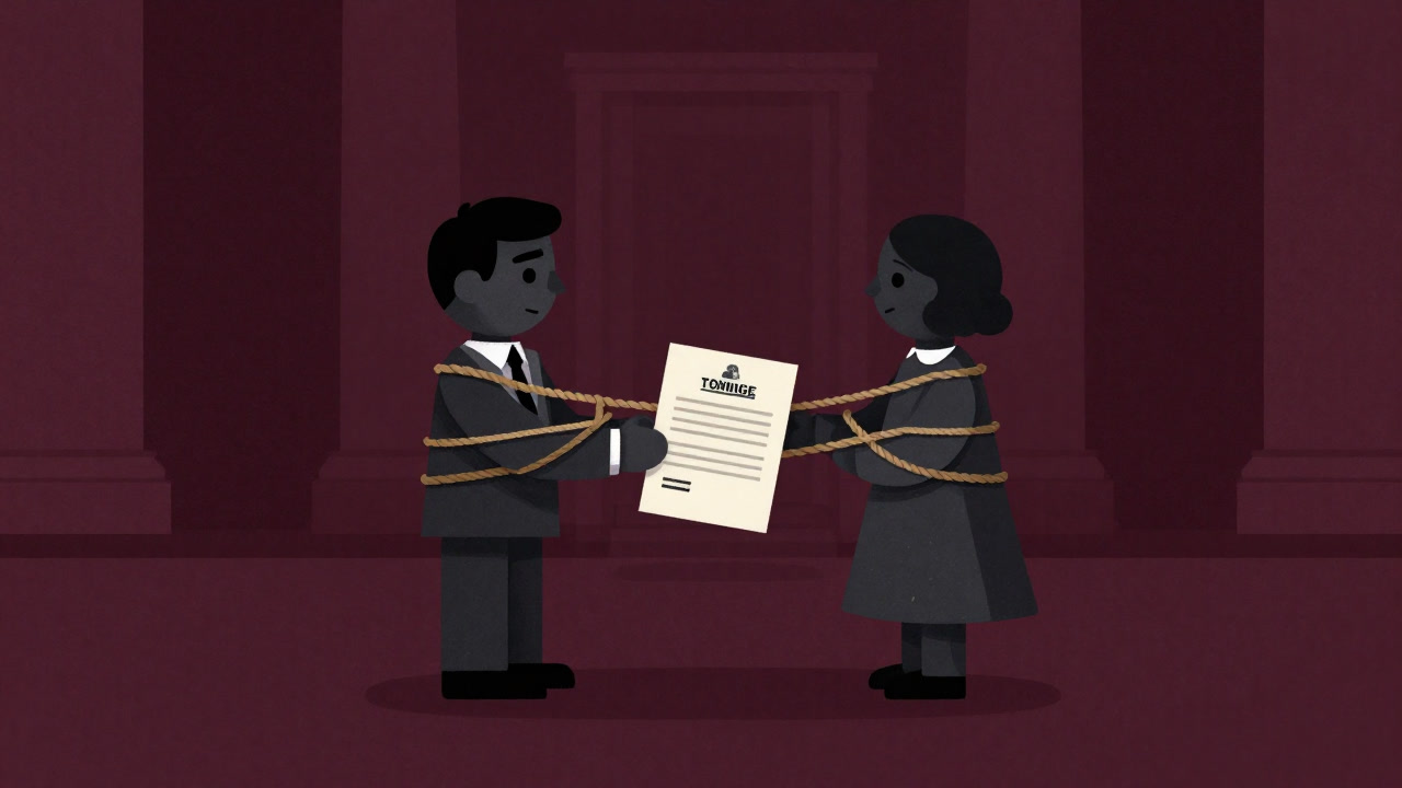 Illustration of two families exchanging contracts and family names in a stately hall