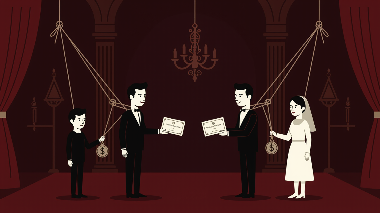 Illustration of two families exchanging contracts and family names in a stately hall