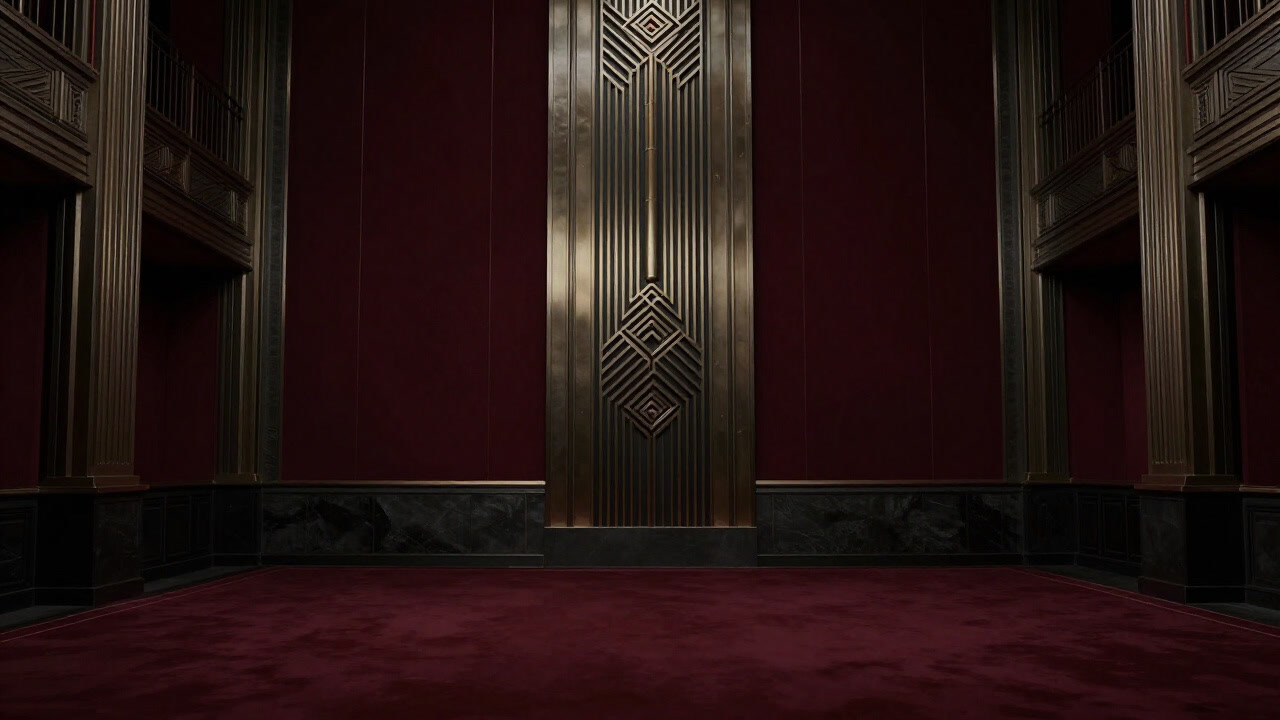 豪華な装飾が施された大広間の中央に立つ金属光沢の柱が、まるで視線を奪うかのようにそびえる様子